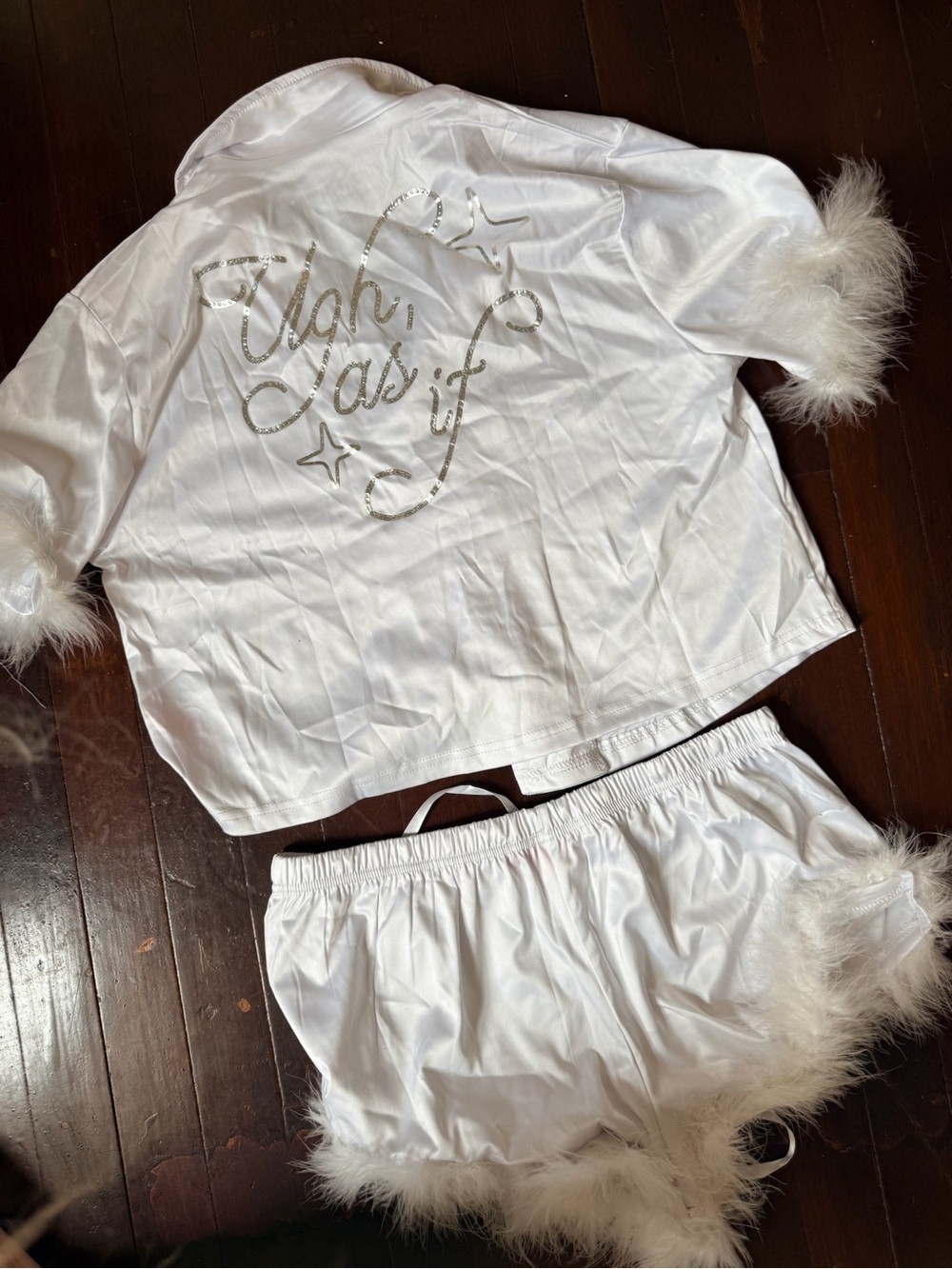Dolls Kill Clueless White Feather Trim Satin PJ Set - Picture 4 of 5